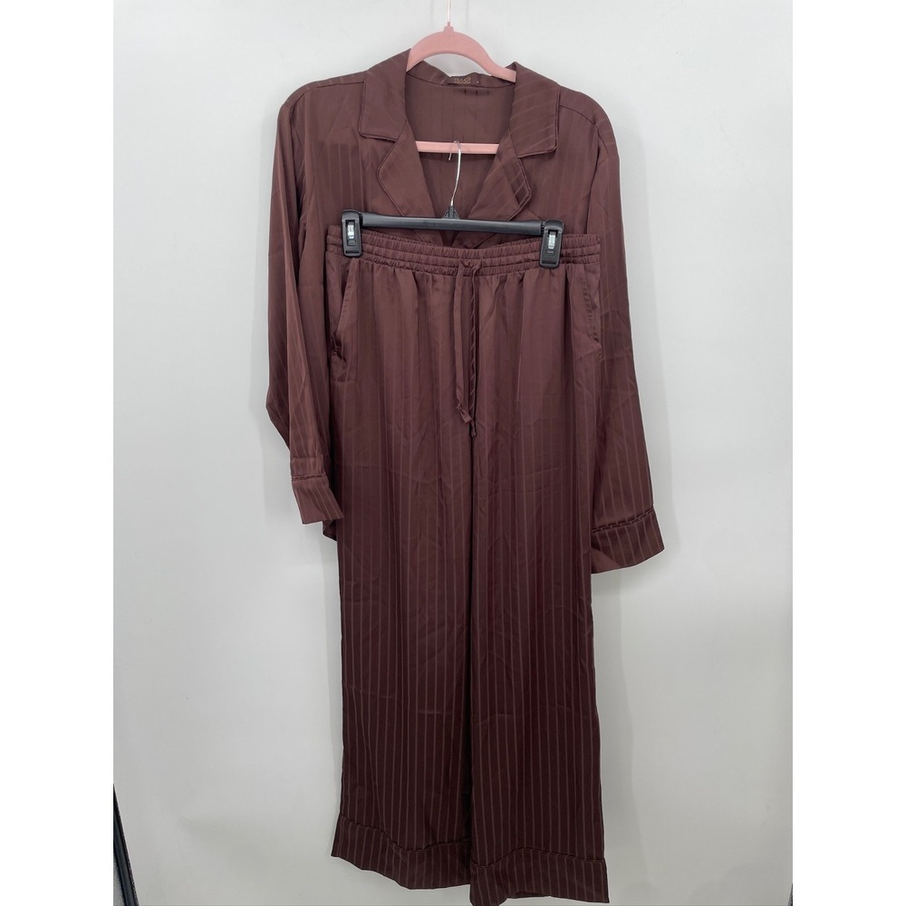 nuuds night set size women's medium brown straight leg pajama set‎ satin